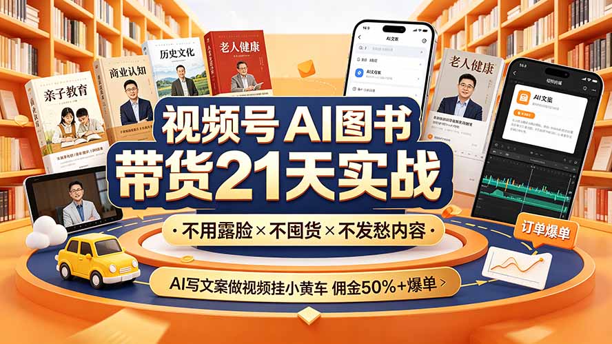视频号AI图书带货21天实战：不用露脸×不囤货×不发愁内容，AI写文案做视频挂小黄车，佣金50%+爆单-桀创项目掘金社