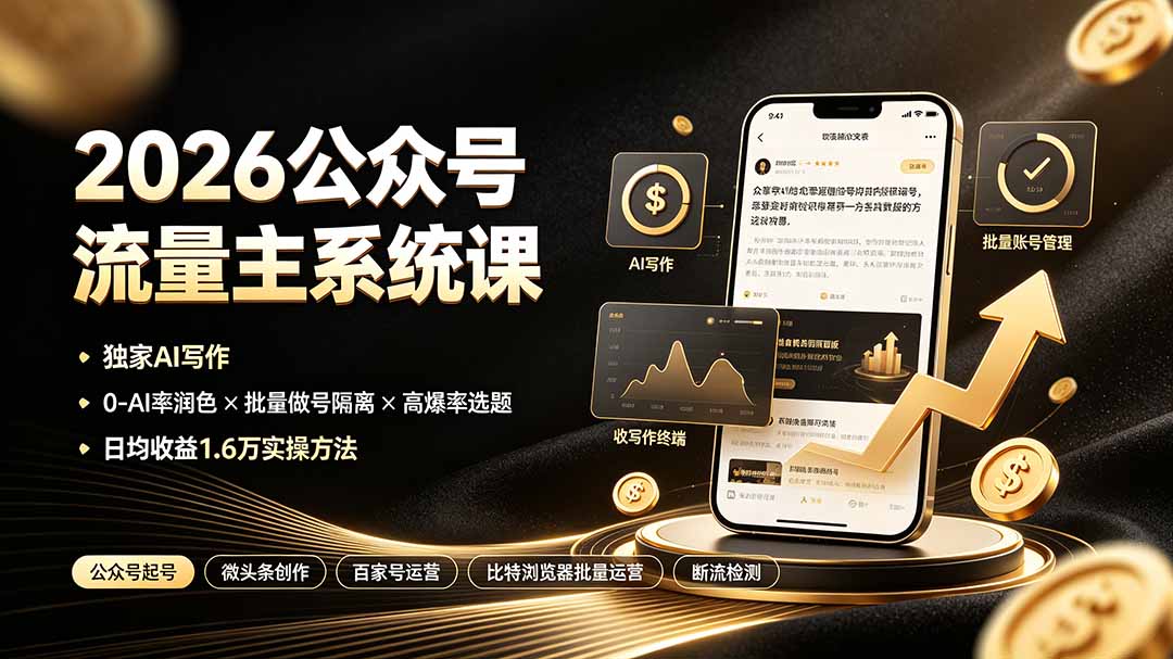 2026公众号流量主系统课：独家AI写作×0-AI率润色×批量做号隔离×高爆率选题，日均收益1.6万实操方法-桀创项目掘金社