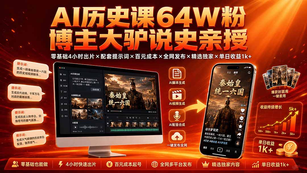 AI历史课64W粉博主大驴说史亲授：零基础4小时出片×配套提示词×百元成本×全网发布×精选独家×单日收益1k+-桀创项目掘金社
