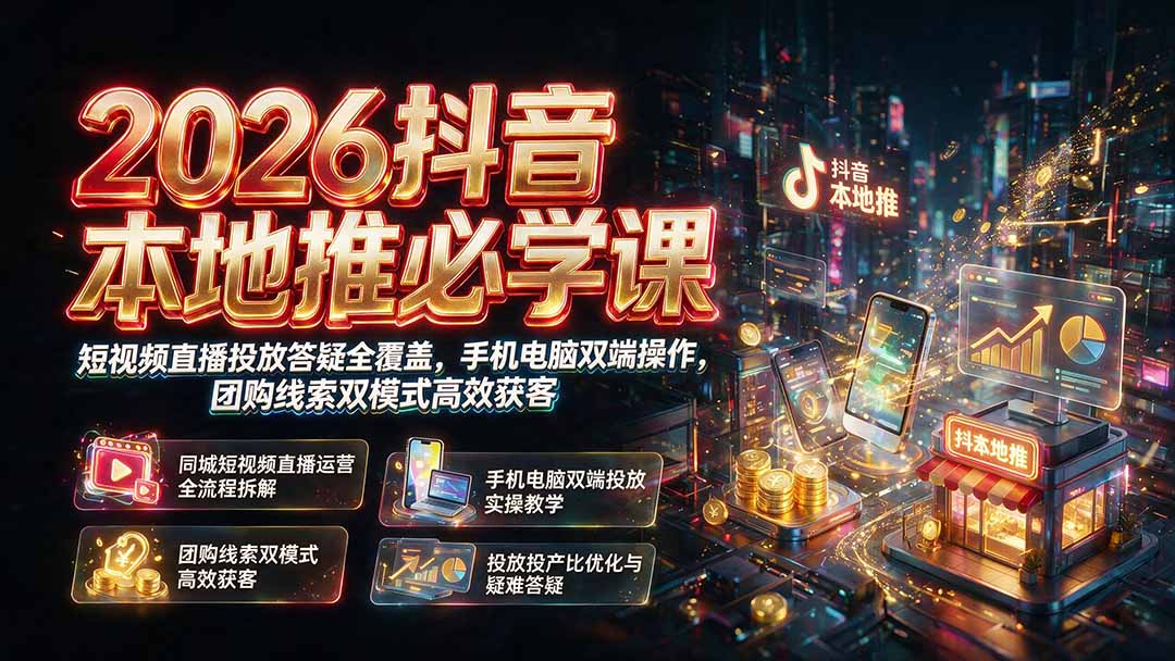 2026抖音本地推必学课｜短视频直播投放答疑全覆盖，手机电脑双端操作，团购线索双模式高效获客-桀创项目掘金社