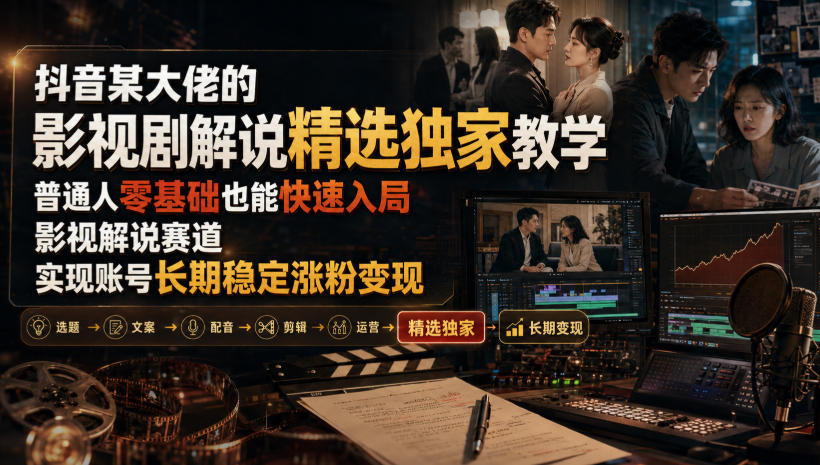 抖音某大佬的影视剧解说精选独家教学，普通人零基础也能快速入局影视解说赛道，实现账号长期稳定变现-桀创项目掘金社