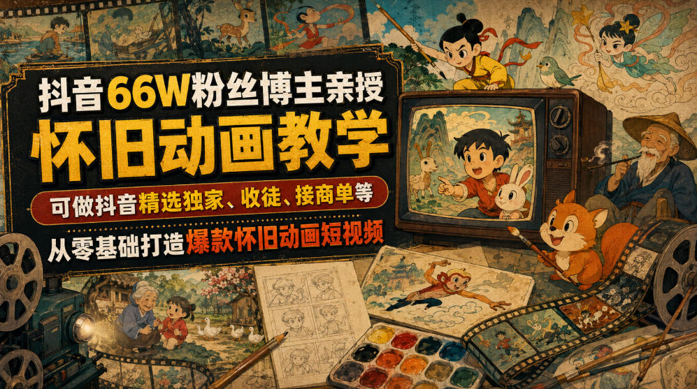 抖音66W粉丝博主亲授怀旧动画教学，可做抖音精选独家、收徒、接商单等，从零基础打造爆款怀旧动画短视频-桀创项目掘金社