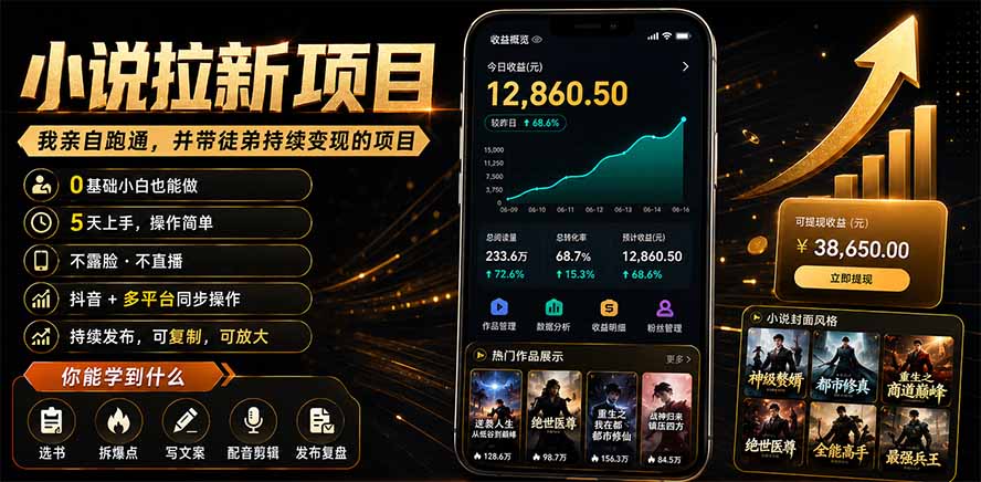 抖音及多平台小说拉新项目：我亲自跑通并持续带徒弟实操｜0基础小白5天上手快速变现-桀创项目掘金社
