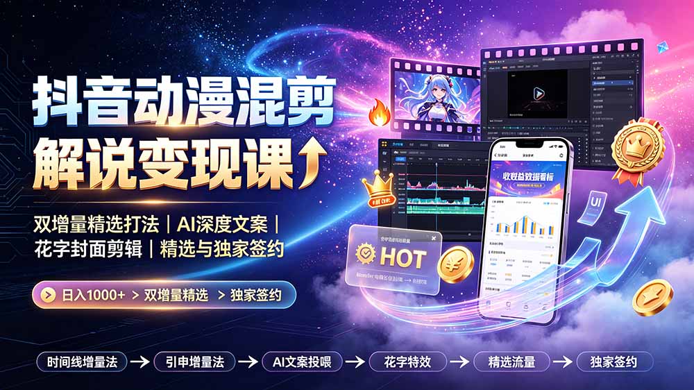 抖音动漫混剪解说变现课：双增量精选打法｜AI深度文案｜花字封面剪辑｜ 精选与独家签约日入1000+-桀创项目掘金社