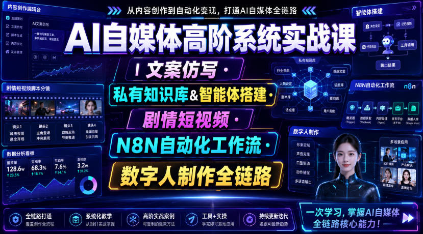 AI自媒体高阶系统实战课｜文案仿写・私有知识库&智能体搭建・剧情短视频・N8N自动化工作流・数字人制作全链路-桀创项目掘金社