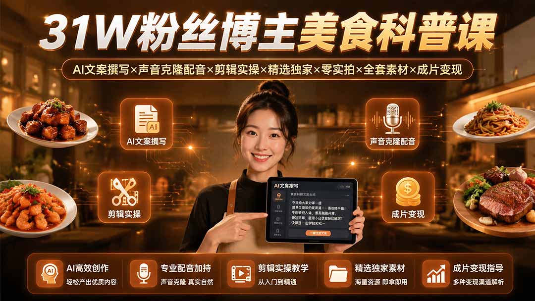 31W粉丝博主美食科普课：AI文案撰写×声音克隆配音×剪辑实操×精选独家×零实拍×全套素材×成片变现-桀创项目掘金社