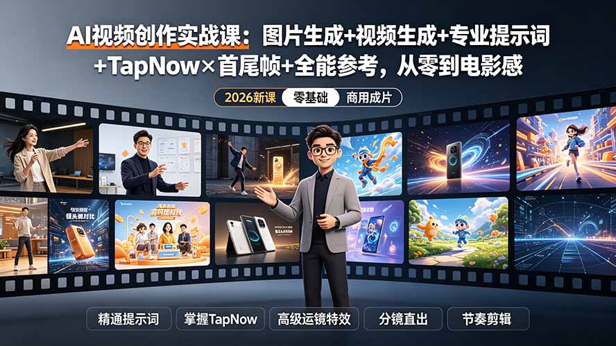 AI视频创作实战课：图片生成+视频生成+专业提示词+TapNow×首尾帧+全能参考，从零到电影感成片-桀创项目掘金社