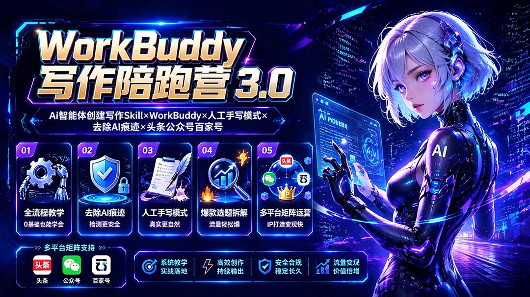 WorkBuddy写作陪跑营3.0-更新：Ai智能体创建写作Skill×WorkBuddy×人工手写模式×去除AI痕迹×头条公众号百家号-桀创项目掘金社