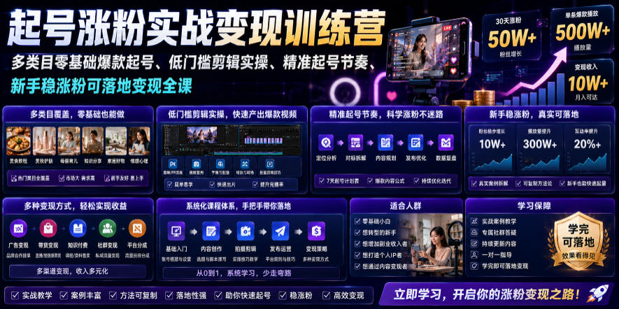 苗子起号涨粉实战变现训练营，多类目零基础爆款起号、精准起号节奏、新手稳涨粉可落地变现全课(更新0719)-桀创项目掘金社
