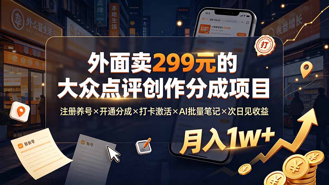 外面卖299元的大众点评创作分成项目：注册养号×开通分成×打卡激活×AI批量笔记×次日见收益，月入1w+-桀创项目掘金社