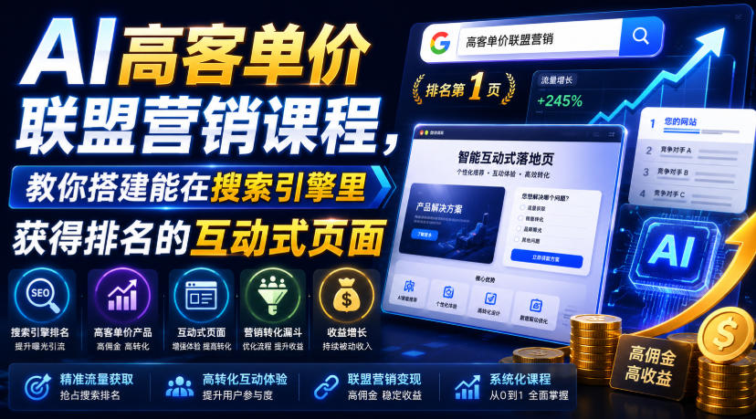AI高客单价联盟营销课程，教你搭建能在搜索引擎里获得排名的互动式页面，引来流量，把访客转化为高佣金的成交【原创双语字幕】-桀创项目掘金社