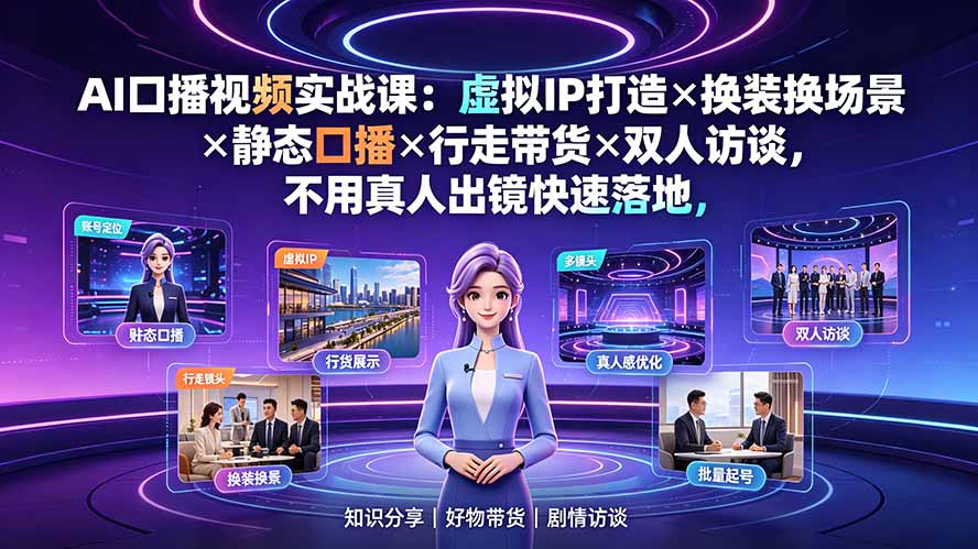 AI口播视频实战课：虚拟IP打造×换装换场景×静态口播×行走带货×双人访谈，不用真人出镜快速落地-桀创项目掘金社