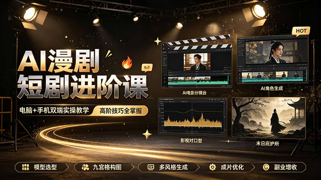 AI漫剧短剧进阶课｜电脑+手机双端实操教学｜影视剧对口型人物吃瓜×解压末日庇护所全程讲解，高阶技巧全掌握-桀创项目掘金社