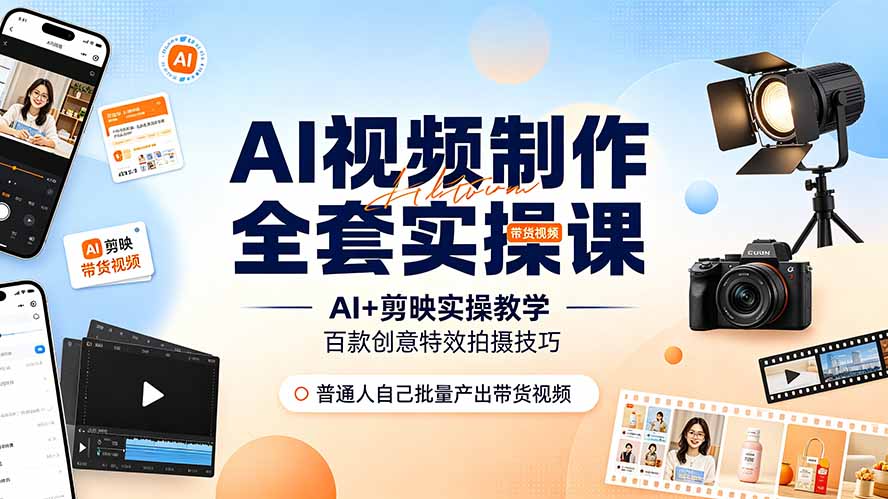 AI视频制作全套实操课,多款AI工具搭配剪映教学,百种特效运镜拍摄实操,抖音账号带货运营全覆盖-桀创项目掘金社