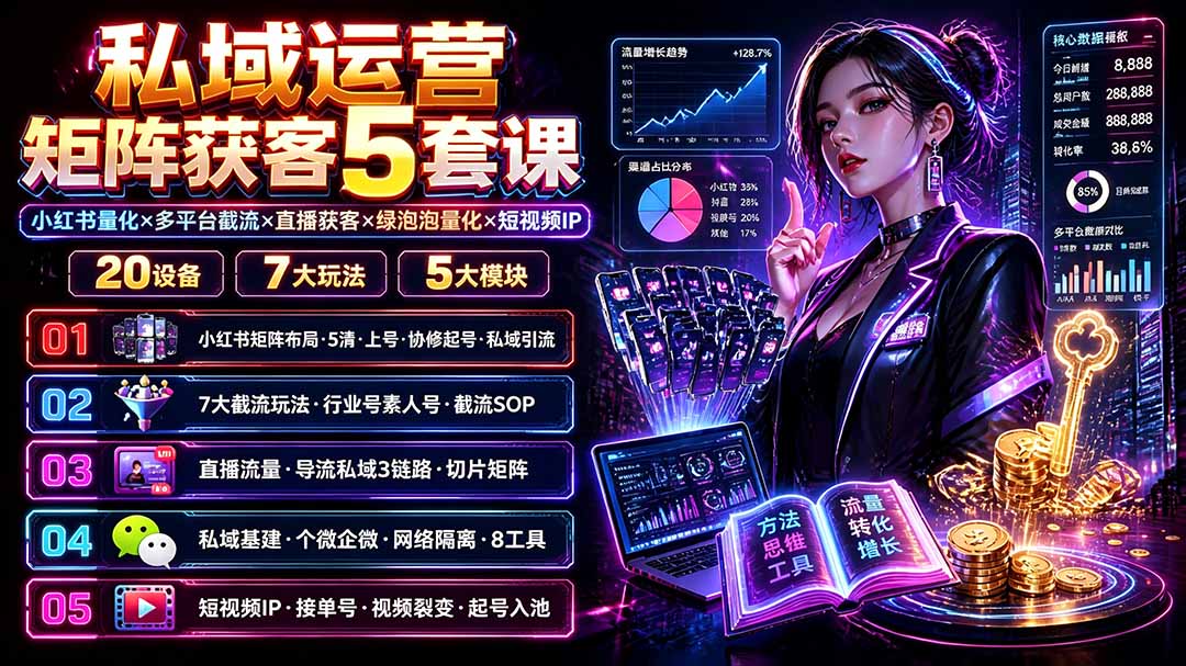 私域运营矩阵获客5套课：小红书量化×多平台截流×直播获客×绿泡泡量化×短视频IP×20设备×7大玩法-桀创项目掘金社
