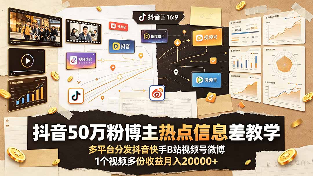 抖音50万粉博主热点信息差教学:多平台分发抖音快手B站视频号微博,1个视频多份收益月入20000+-桀创项目掘金社