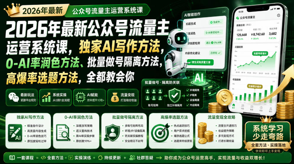 2026年最新公众号流量主运营系统课，独家AI写作方法，0-AI率润色方法、批量做号隔离方法、高爆率选题方法，全都教会你-桀创项目掘金社