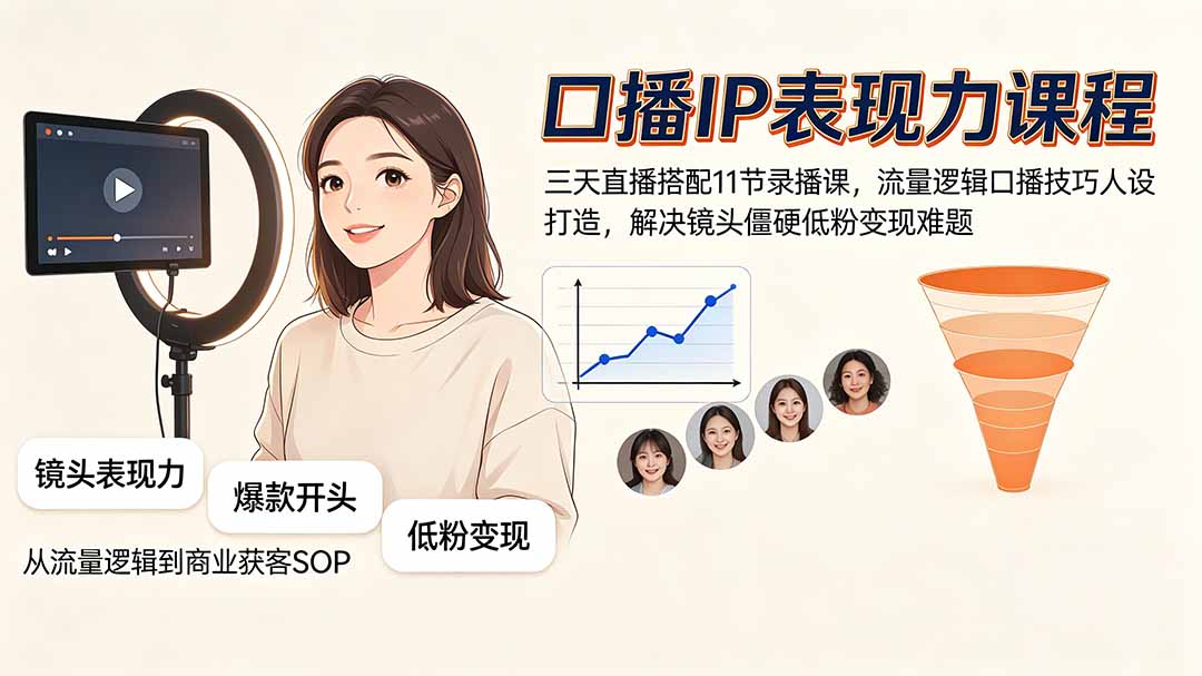 口播IP表现力课程｜三天直播搭配11节录播课，流量逻辑口播技巧人设打造，解决镜头僵硬低粉变现难题-桀创项目掘金社