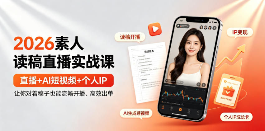 2026素人读稿直播实战课｜直播+AI短视频+个人IP，让你对着稿子也能流畅开播、高效出单-桀创项目掘金社