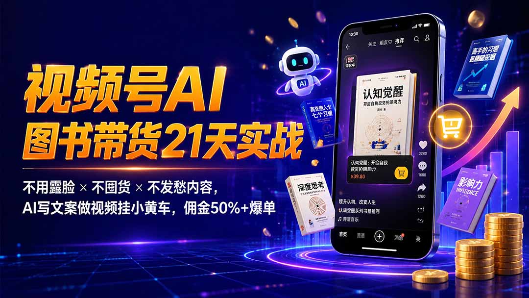 繁花视频号AI图书带货21天实战：不用露脸×不囤货×不发愁内容，AI写文案做视频挂小黄车，佣金50%+爆单-桀创项目掘金社