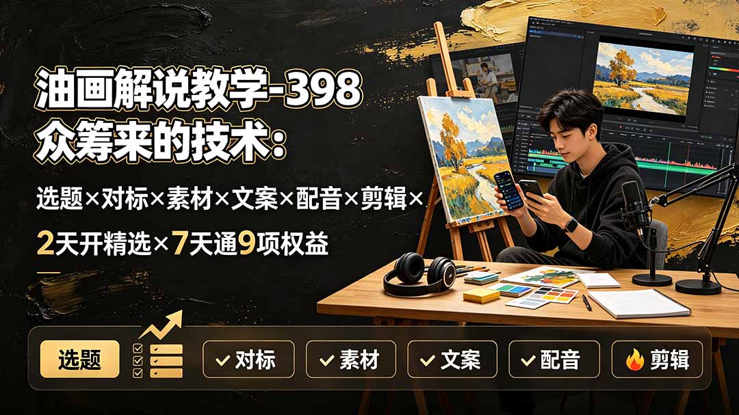 油画解说教学-398众筹来的技术：选题×对标×素材×文案×配音×剪辑×2天开精选×7天通9项权益-桀创项目掘金社