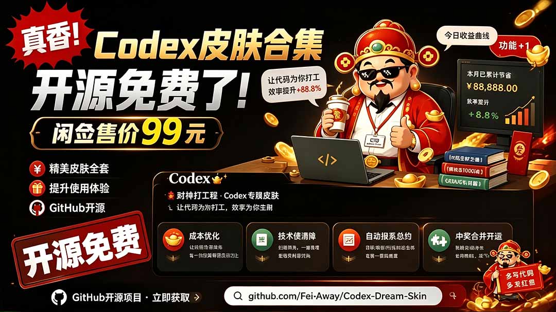 闲鱼售卖99元的Codex皮肤包，GitHub 免费开源了！让你的codex变成精美界面 Codex Dream Skin-桀创项目掘金社