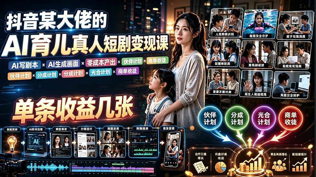 AI育儿真人短剧变现课：AI写剧本×AI生成画面×零成本产出×伙伴计划×分成计划×光合计划×商单收徒-桀创项目掘金社