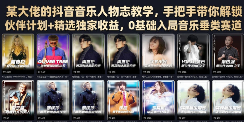 某大佬的抖音音乐人物志教学，手把手带你解锁伙伴计划+精选独家收益，0基础入局音乐垂类赛道-桀创项目掘金社