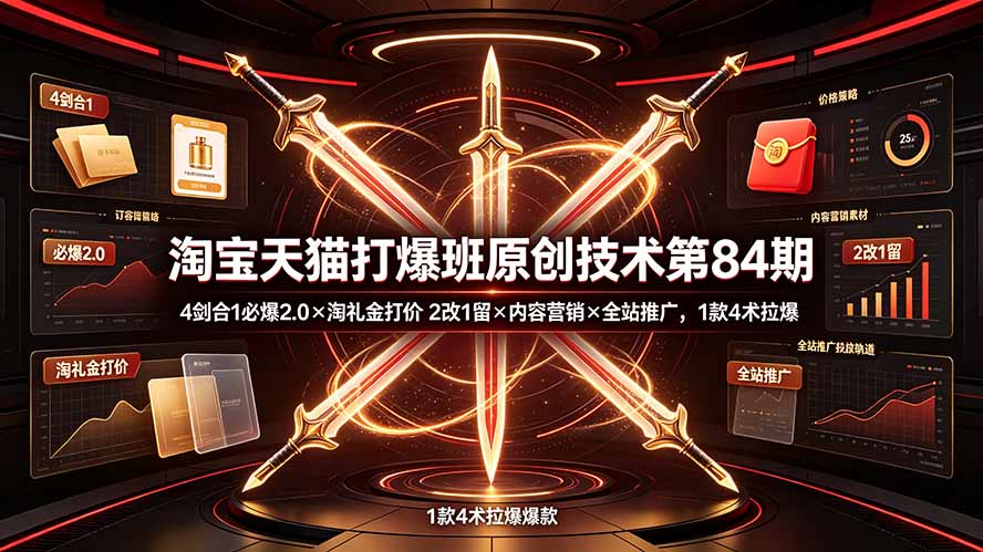 淘宝天猫打爆班原创技术第84期：4剑合1必爆2.0×淘礼金打价×2改1留×内容营销×全站推广，1款4术拉爆-桀创项目掘金社