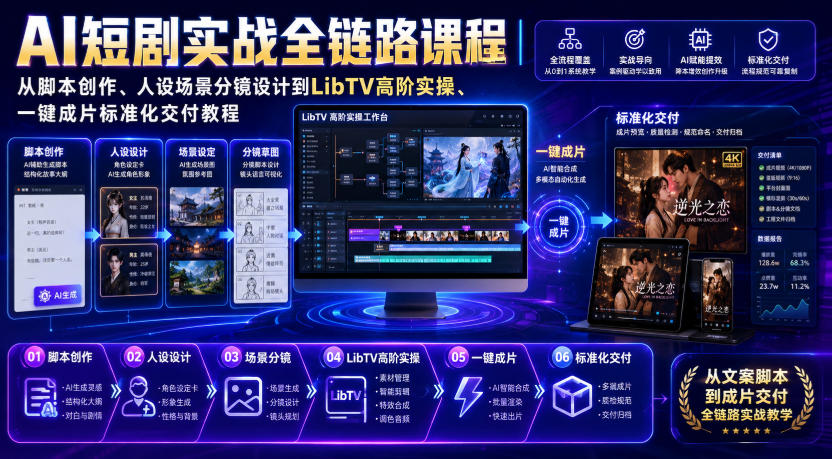 AI短剧实战全链路课程｜从脚本创作、人设场景分镜设计到LibTV高阶实操、一键成片标准化交付教程-桀创项目掘金社
