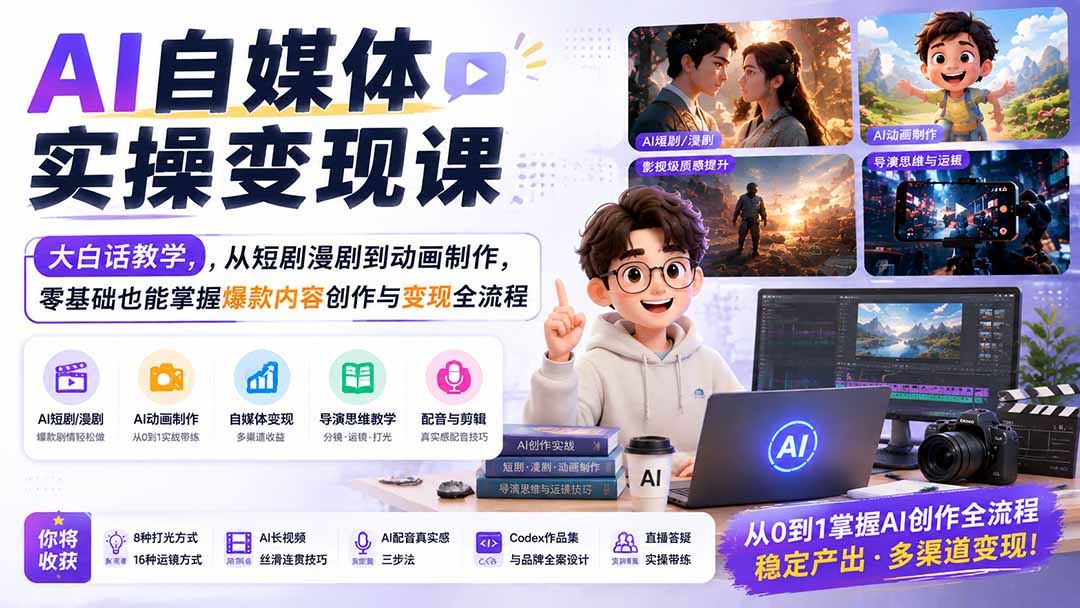 AI自媒体实操变现课｜大白话教学，从短剧漫剧到动画制作，零基础也能掌握爆款内容创作与变现全流程-桀创项目掘金社