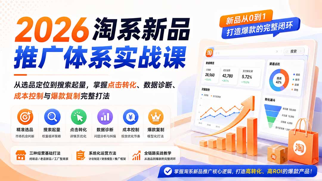 2026淘系新品推广体系实战课：从选品定位到搜索起量，掌握点击转化、数据诊断、成本控制与爆款复制完整打法-桀创项目掘金社