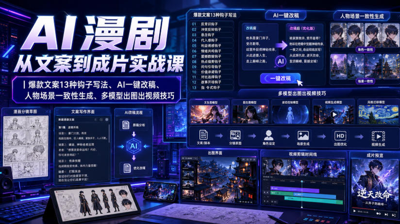 AI漫剧从文案到成片实战课｜爆款文案13种钩子写法、AI一键改稿、人物场景一致性生成、多模型出图出视频技巧-桀创项目掘金社