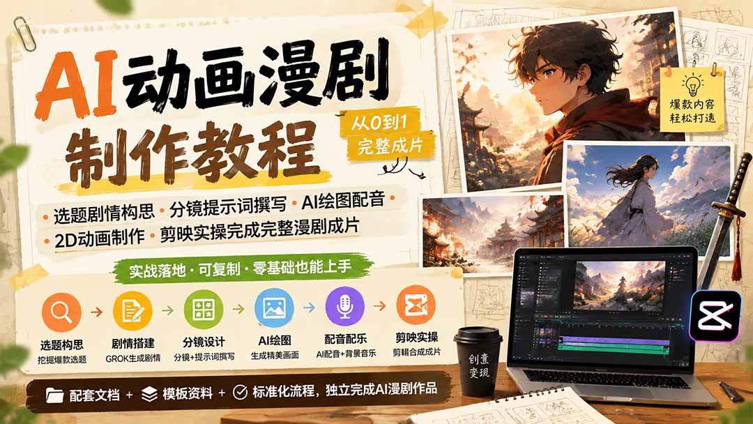 AI动画漫剧制作教程｜选题剧情构思·分镜提示词撰写·AI绘图配音·2D动画制作·剪映实操完成完整漫剧成片-桀创项目掘金社