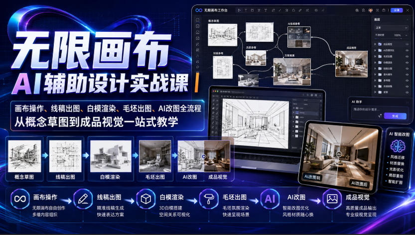 无限画布AI辅助设计实战课｜画布操作、线稿出图、白模渲染、毛坯出图、AI改图全流程，从概念草图到成品视觉一站式教学-桀创项目掘金社