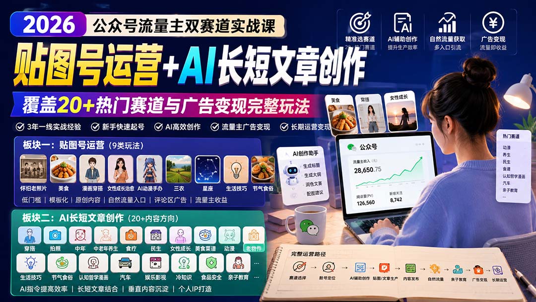 公众号流量主双赛道实战课：贴图号运营+AI长短文章创作，覆盖20+热门赛道与广告变现完整玩法-桀创项目掘金社