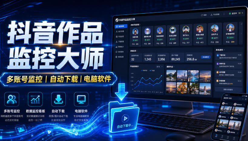 抖音作品监控大师，多账号监控丨自动下载丨电脑软件-桀创项目掘金社