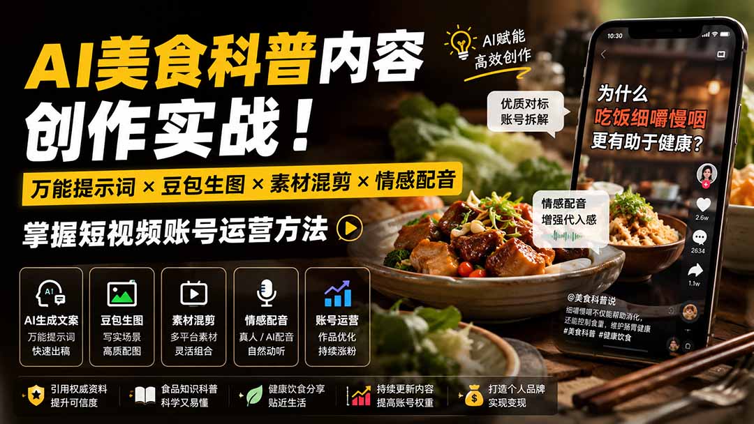外面卖199元-AI美食科普内容创作实战！万能提示词×豆包生图×素材混剪×情感配音，掌握短视频账号运营方法-桀创项目掘金社