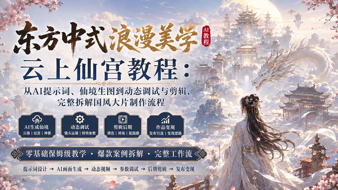 东方中式浪漫美学云上仙宫教程：从AI提示词、仙境生图到动态调试与剪辑，完整拆解国风大片制作流程-桀创项目掘金社