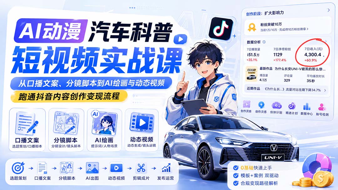 AI动漫汽车科普短视频实战课：从口播文案、分镜脚本到AI绘画与动态视频，跑通抖音内容创作变现流程-桀创项目掘金社