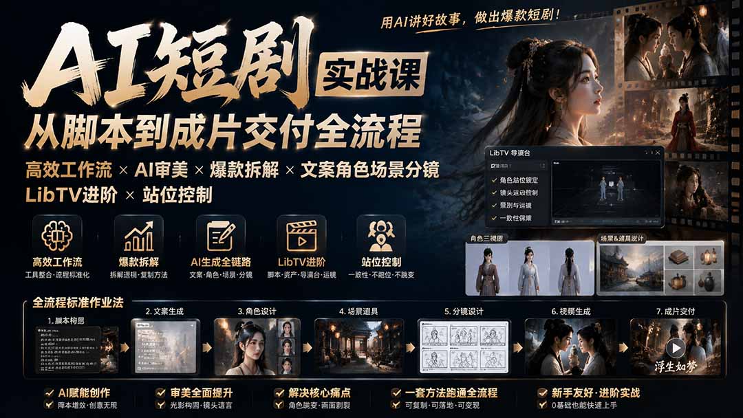 AI短剧实战课：高效工作流×AI审美×爆款拆解×文案角色场景分镜×LibTV进阶×站位控制×从脚本到成片交付全流程-桀创项目掘金社