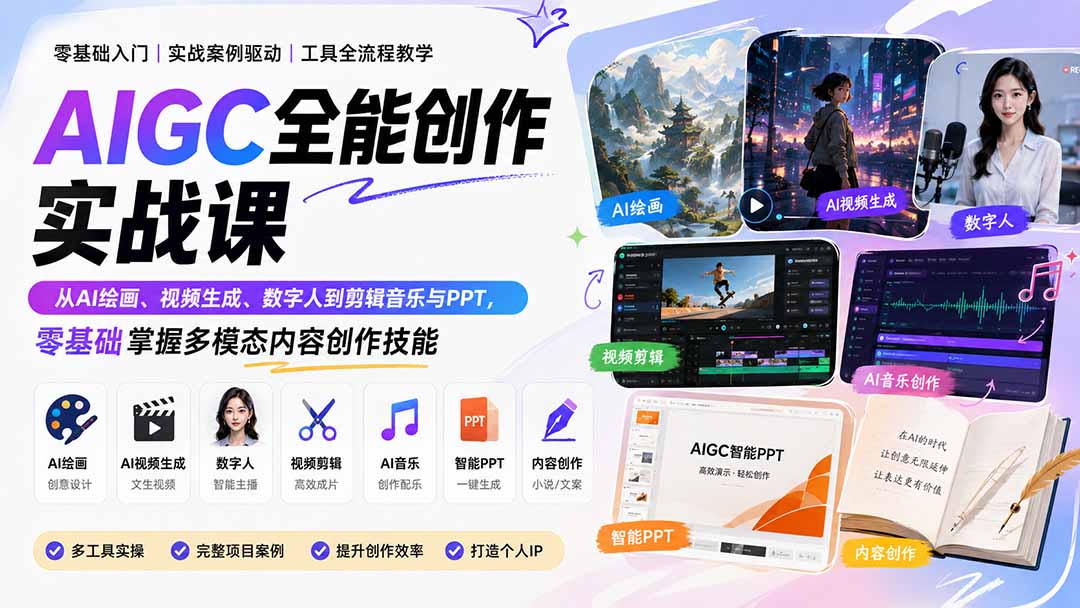 AIGC全能创作实战课：从AI绘画、视频生成、数字人到剪辑音乐与PPT，零基础掌握多模态内容创作技能-桀创项目掘金社