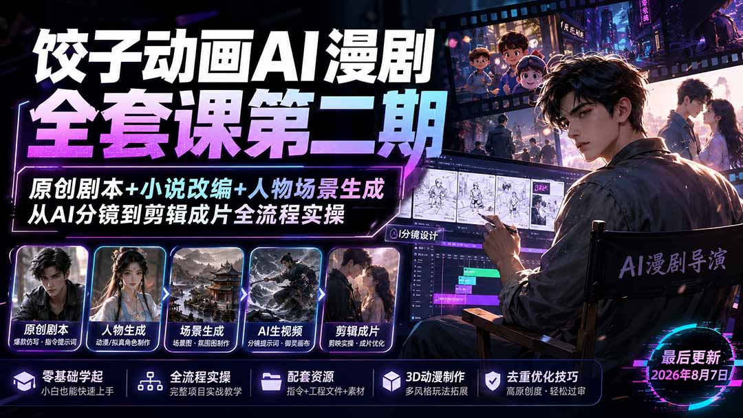 饺子动画AI漫剧全套课第二期：原创剧本+小说改编+人物场景生成，从AI分镜到剪辑成片全流程实操-桀创项目掘金社