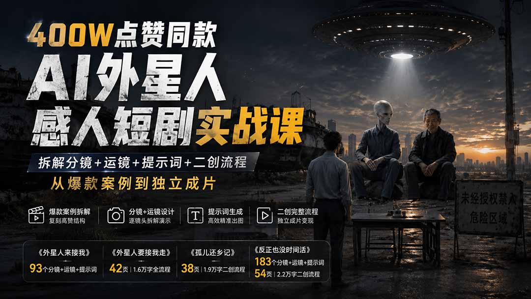 400W点赞同款AI外星人感人短剧实战课：拆解分镜+运镜+提示词+二创流程，从爆款案例到独立成片-桀创项目掘金社