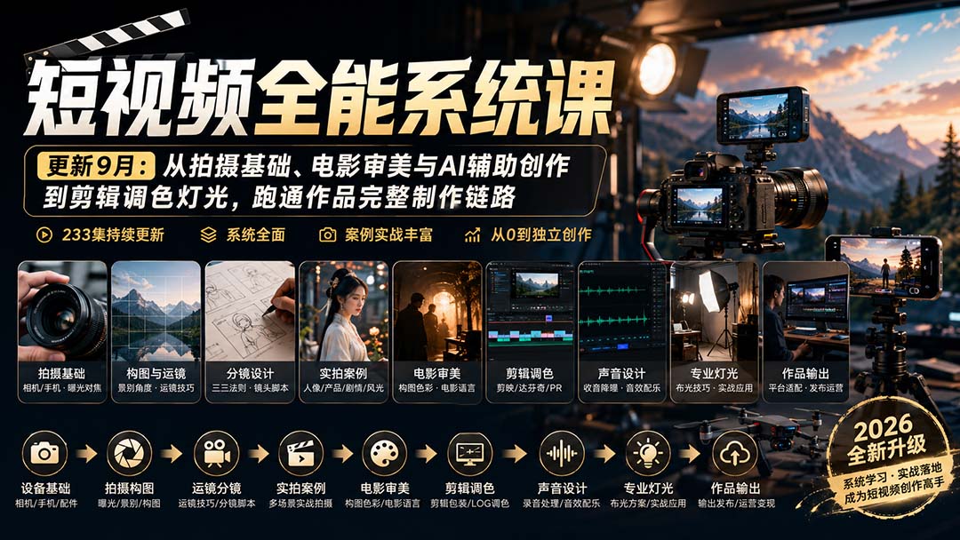 短视频全能系统课-更新8月233集：从拍摄基础、电影审美与AI辅助创作到剪辑调色灯光，跑通作品完整制作链路-桀创项目掘金社