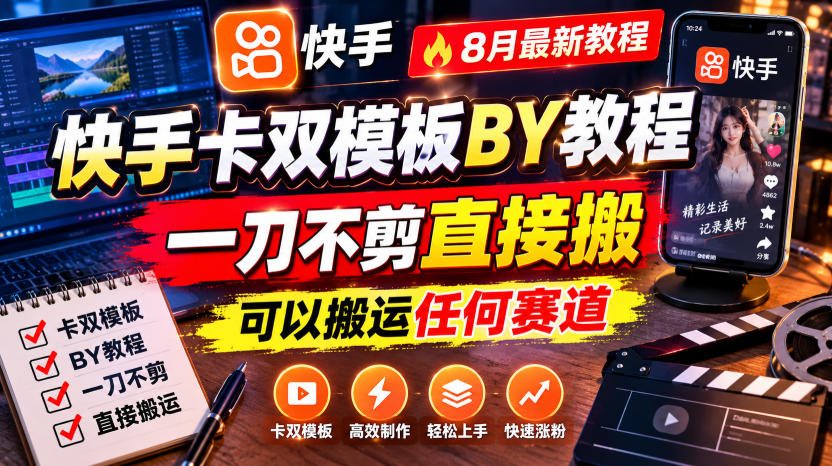 快手卡双模板搬运教程，8月最新教程，一刀不剪直接搬，可以搬运任何赛道-桀创项目掘金社