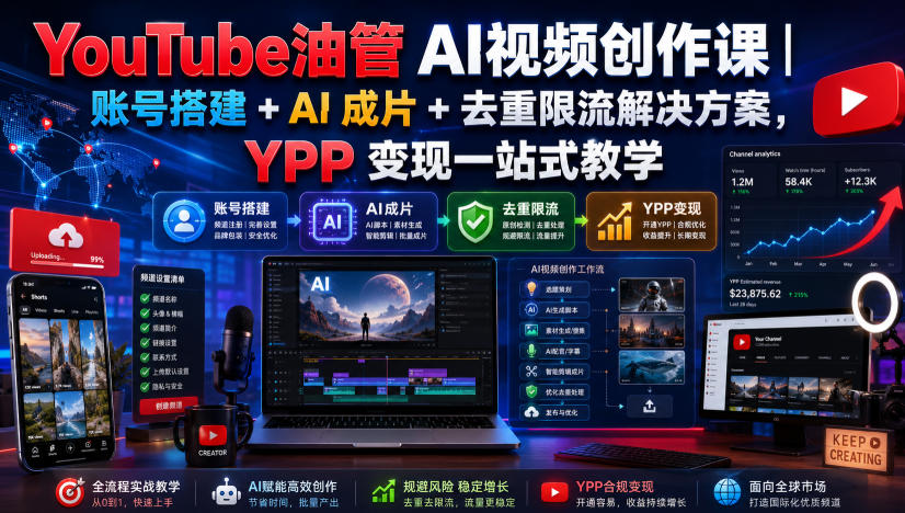 YouTube油管AI视频创作课｜账号搭建+AI成片+去重限流解决方案，YPP变现一站式教学-桀创项目掘金社