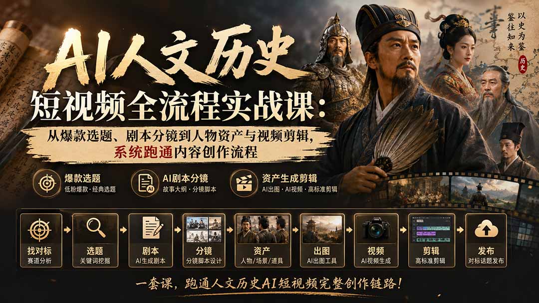 AI人文历史短视频全流程实战课：从爆款选题、剧本分镜到人物资产与视频剪辑，系统跑通内容创作流程-桀创项目掘金社