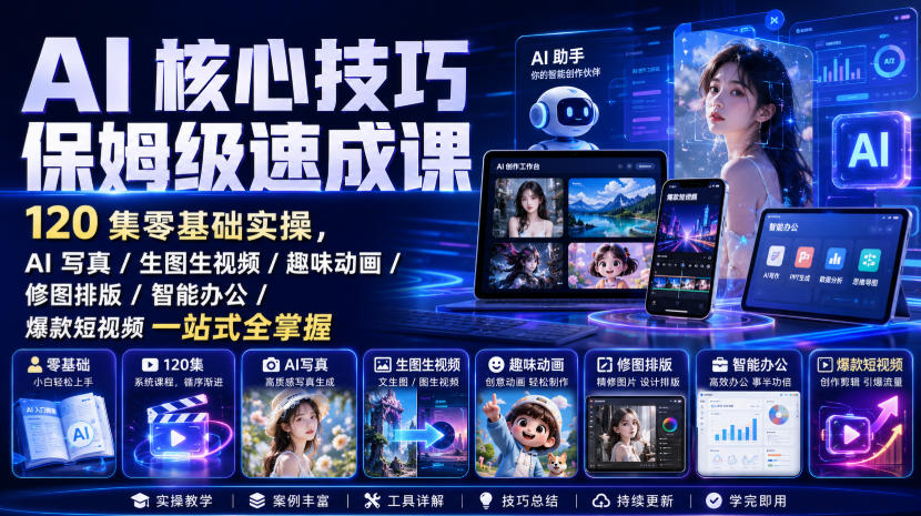 AI核心技巧保姆级速成课｜120集零基础实操，AI写真/生图生视频/趣味动画/修图排版/智能办公/爆款短视频一站式全掌握(更新)-桀创项目掘金社