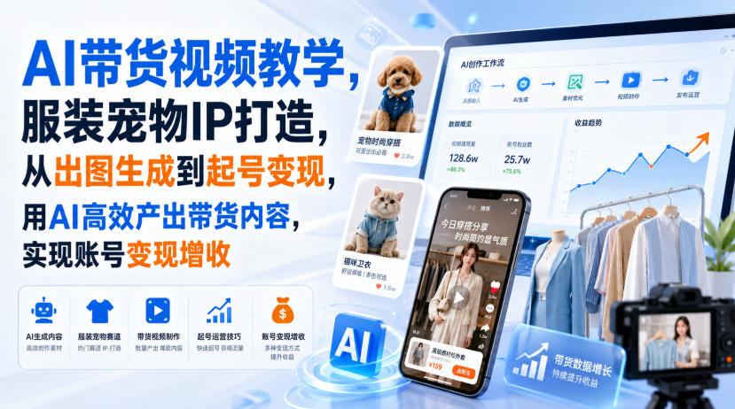 AI带货视频教学，服装宠物IP打造，从出图生成到起号变现，用AI高效产出带货内容，实现账号变现增收-桀创项目掘金社